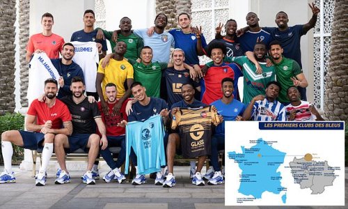 Back to basics! France team pose for a squad picture wearing jerseys of their first amateur club... as Les Bleus' stars pay homage to the youth teams that helped forge their illustrious careers