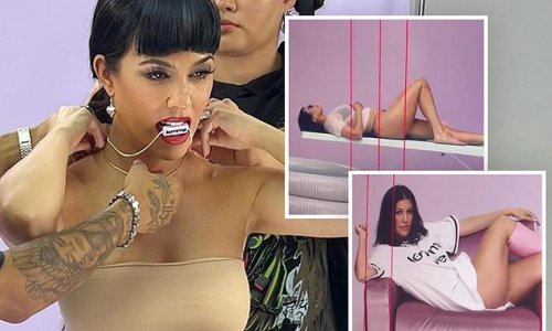 Kourtney Kardashian gets leggy in an oversized T-Shirt and knee-high boots in BTS snaps for Lemme gummy supplements