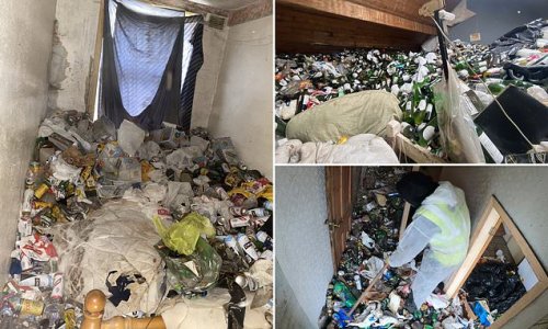 Hoarder's house of horrors crammed with 'TEN TONS' of trash: Eight-man cleaning team forced to wade through knee-high piles of garbage... from beer cans, bin bags to bottles of URINE