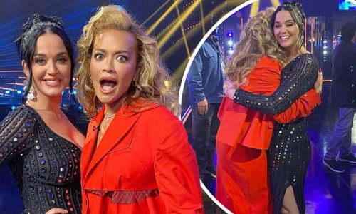 'Bring your mate to work day!' Rita Ora dazzles in red co-ord with a busty Katy Perry as she crashes American Idol to promote her latest track Finish Line