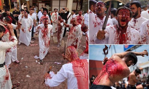 Devout Shiite Muslims are left covered in blood as they flagellate themselves and gash their heads with swords to mark holy day of Ashura in Iraq and India