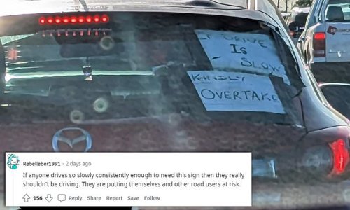 Drivers are furious over a 'dangerous' warning note seen on a car's rear windscreen - but others think it's a thoughtful gesture