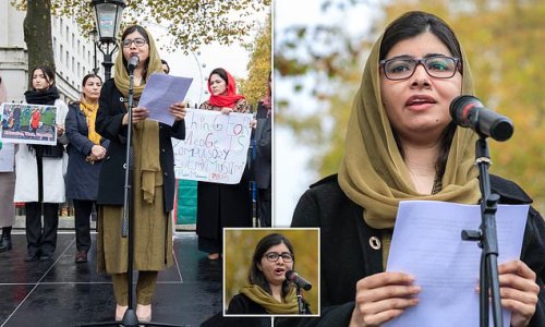 Nobel Peace Prize winner Malala Yousafzai who survived Taliban assassination attempt urges UK to 'step forward more boldly' in support for Afghan women at rally outside Downing Street