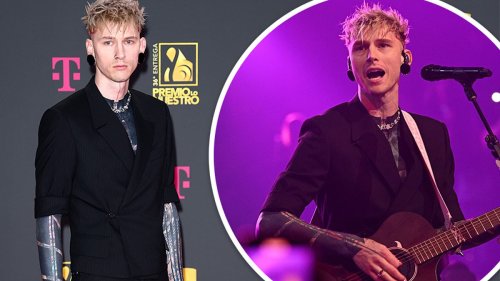Machine Gun Kelly showcases his new blackout tattoos as he hits red carpet in Miami... after...
