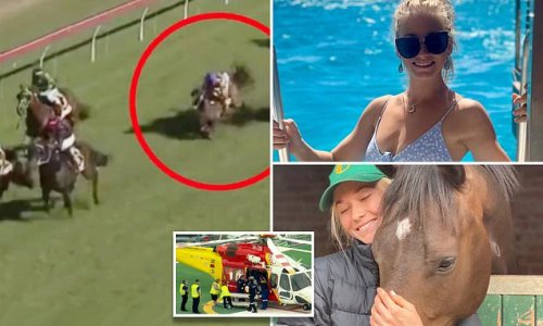 Horrific moment a female jockey is thrown off a horse and trampled mid-race - leaving the young rider in a coma fighting for life