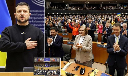 President Zelensky fights back tears as he makes impassioned plea to European parliament: Ukraine leader struggles to control his emotions as audience cries 'glory to heroes!'