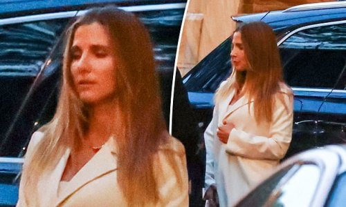 Youthful Elsa Pataky, 45, looks glamorous in a trouser suit and shows off her freshly-dyed brunette locks as she steps out in Sydney to promote her new Netflix film Interceptor