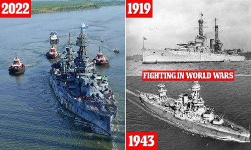 Last surviving battleship to have fought in BOTH world wars - the USS Texas - is towed down channel to Houston shipyard for $35M repairs to its leaky hull