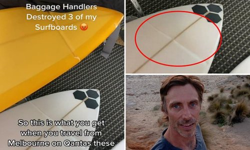 Company founder slams Qantas after three rare surfboards worth $4,000 are damaged - just days after baggage handlers were filmed recklessly throwing bags