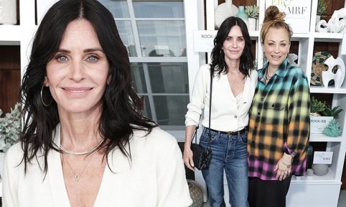 Courteney Cox stuns in cream cardigan and jeans while Kaley Cuoco rocks ...