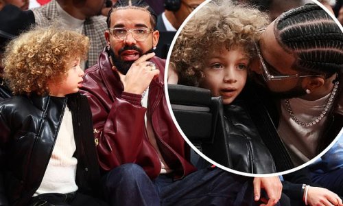 Drake is every inch the doting dad as he brings son Adonis, five, to watch his beloved Raptors take on the Los Angeles Lakers in his native Toronto