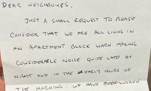 Loved-up young couple left mortified after new neighbours leave a VERY blunt note asking them to 'keep it down' during their late night romps