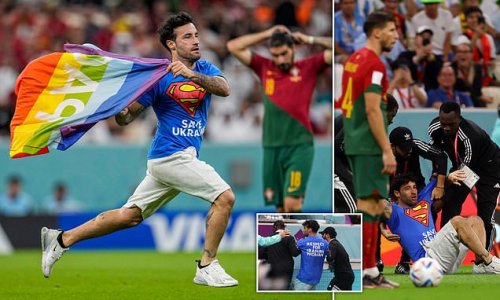 Spectator waving Pride rainbow flag and wearing Superman T-shirt demanding 'respect for Iranian women' storms World Cup clash between Portugal and Uruguay in protest against Qatar's anti-LGBT laws