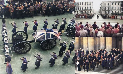 Newly-colourised images show mourners at Winston Churchill's funeral