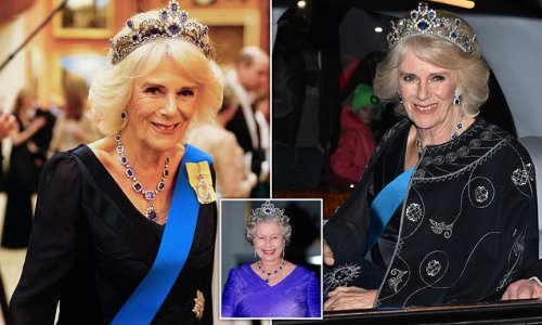 Camilla's glittering tribute to Her Majesty: The Queen Consort wears her mother-in-law's George VI Sapphire tiara for the second time as she arrives at the Diplomatic Corps reception