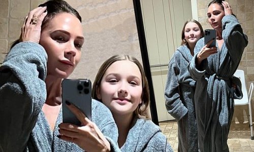 Victoria Beckham and daughter Harper, 10, wear matching grey dressing gowns as they enjoy a relaxing spa day