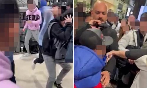 Wild moment brawl erupts between teenage eshays outside a sneaker store at a packed shopping centre