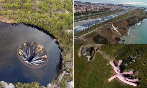 Th-airs something you don't see every day! Drone snaps reveal extraordinary sights only visible from above - from a crashed airplane to a 200ft stuffed rabbit