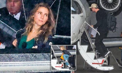 Chris Hemsworth and his wife Elsa Pataky cut casual figures as they fly back to their hometown of Byron Bay with their children on a private jet