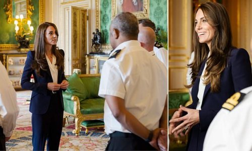 Ahoy there, Kate! Princess of Wales is elegant in a navy Alexander McQueen suit and white bodysuit as she makes surprise engagement to welcome Royal Navy sailors to Windsor Castle
