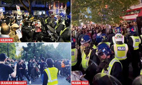 Hundreds of protesters clash with riot police across London over death of woman, 22, arrested in Iran for breaking country's hijab laws: At least five cops wounded in demos outside Islamic centres and embassy in UK capital as global fury turns violent