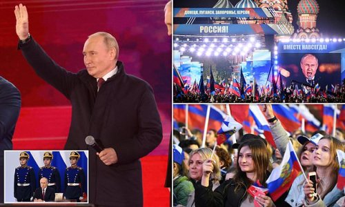 Unhinged tyrant Putin boasts 'victory will be ours' seven months into his failing Ukraine invasion as he leads chants of 'Russia!' at huge Moscow Red Square rally after annexing four territories from Kyiv in biggest military land grab in Europe since WW2