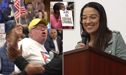 'You're a piece of sh*t': NYC town hall descends into chaos as foul-mouthed hecklers hurl abuse at AOC over migrant crisis, drag queen hour and debt ceiling showdown