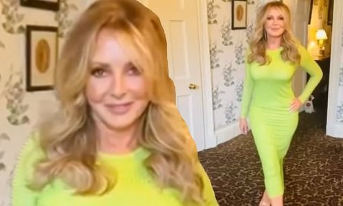 Carol Vorderman, 61, slips her hourglass physique into a tight green midi dress as she struts towards camera in sizzling video