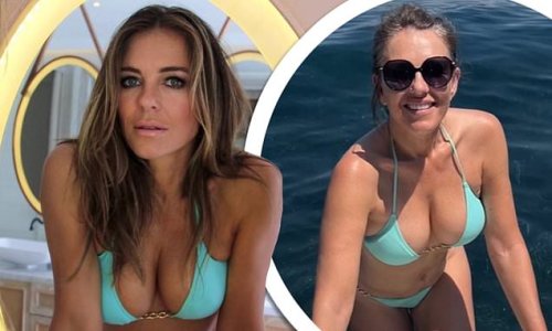 Elizabeth Hurley, 57, showcases her incredible figure in a blue bikini as she poses up a storm while enjoying the British heatwave