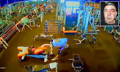 Shocking moment English man is smashed in the face with a 1kg dumbbell by fellow Brit while lifting weights after he refused to give up bench press at Thai gym