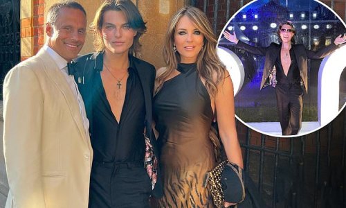 Damian Hurley poses with glamorous mother Elizabeth and calls her ex-husband Arun Nayar 'Daddyo' as he celebrates his graduation party