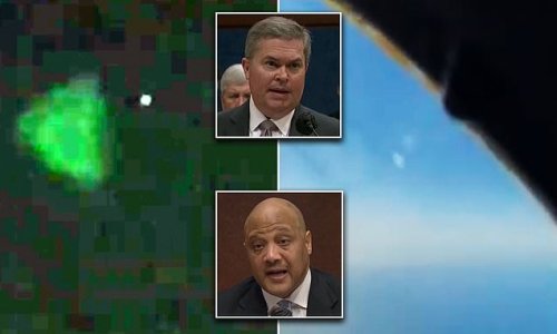 Pentagon shows Congress declassified videos of mysterious objects flashing past pilots and reveal 400 'unidentified aerial phenomena' reports in recent years - including 11 'near-misses' - in first UFO hearing in 50 YEARS