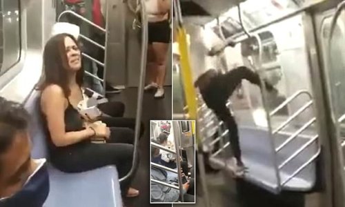 'Please help me': Heartbreaking moment woman pleads with fellow NYC subway passengers to intervene as thug randomly assaults her - but they walk away