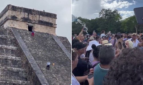 Female tourist sparks fury and is pelted with water bottles after goading crowd of angry locals when she scaled an ancient Mayan temple in Mexico