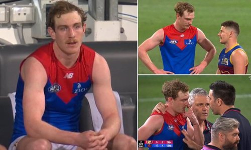 Melbourne's Harrison Petty is left in TEARS on the pitch and comforted by Simon Goodwin seconds after an animated chat with Brisbane captain Dayne Zorko who 'hurled a sledge about a member of his family'
