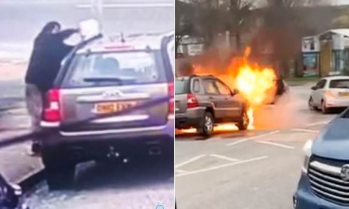 Ridiculous moment bungling arsonist sets fire to HIMSELF as he tries to torch parked car with petrol from plastic jerry can