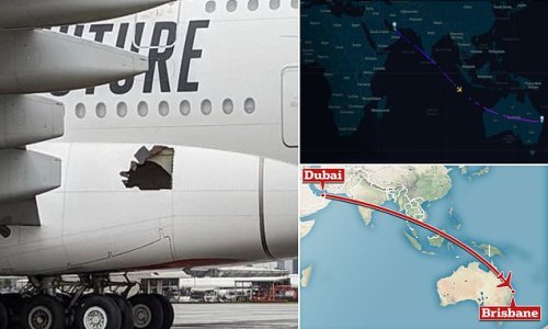 Emirates airline jet flies for 14 hours with a HOLE in its side after passengers heading to Australia heard a loud bang on take-off