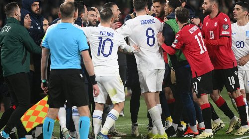 Greece and Georgia's Euro 2024 qualifier descends into anarchy with mass melee after challenge on...