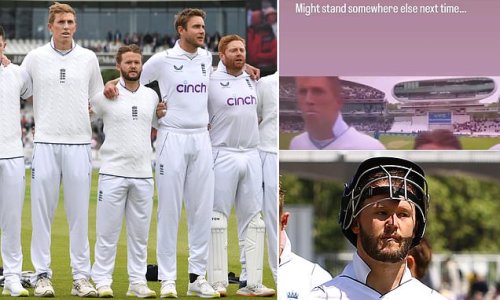 'Might stand somewhere else next time!': England cricketer Ben Duckett pokes fun at himself after being placed in between Zak Crawley and Stuart Broad for the national anthem... with the pair both nearly a quarter of a METRE taller than the Test opener!