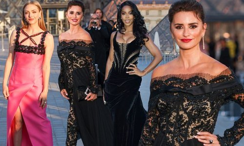 Penelope Cruz turns heads in a sheer lace jumpsuit as she joins glamorous Kelly Rowland and Amanda Seyfried at the Lancome X Louvre photocall during Paris Fashion Week