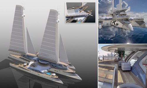 Pictured: The jaw-dropping £330million trimaran that looks like Poseidon's trident, with huge tilting sails (so it can cruise under bridges), a beach club and two pools