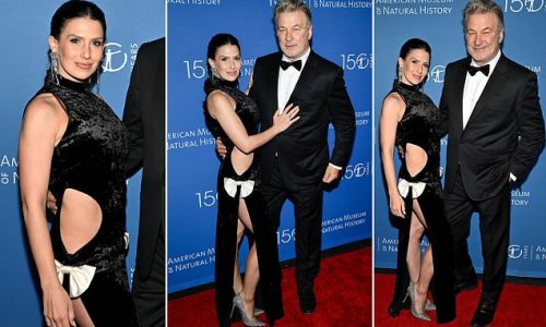 Hilaria Baldwin flaunts post-baby body in a black velvet peekaboo gown beside husband Alec at the American Museum of Natural History's 2022 gala... two months after she welcomed couple's SEVENTH child