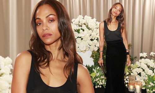 Zoe Saldana exudes elegance as she showcases her sleek figure in a sleeveless black gown at British Vogue Forces for Change dinner in London