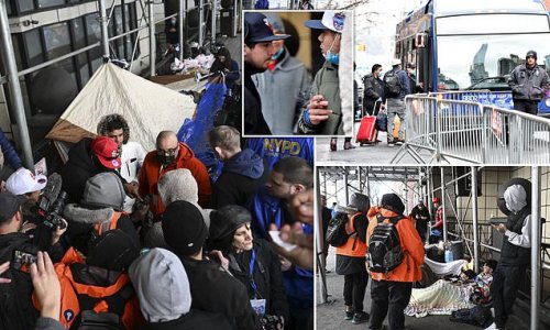 'I am paying $2,000 a month to witness this': New Yorkers become fed up with paying high rent next to migrants' tent city outside Manhattan hotel as they wait to be shuttled to Brooklyn facility