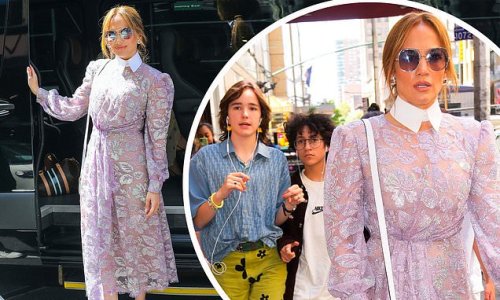 Jennifer Lopez looks chic in a lace lilac dress as she steps out with daughter Emme, 14, and stepdaughter Seraphina Affleck, 13, in New York