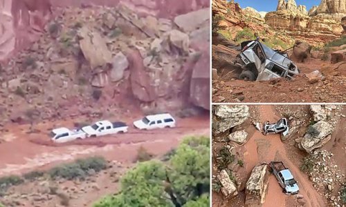 Group of up to 60 hikers, including a mom and six-month-old baby, were left stranded in Utah as flash flooding wiped out the roads and wrecked their pickup trucks