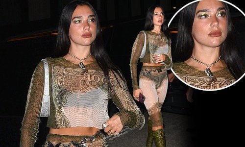 Dua Lipa flashes her black lace lingerie in a sheer quirky printed crop top and matching skin-tight leggings with cowboy boot necklace
