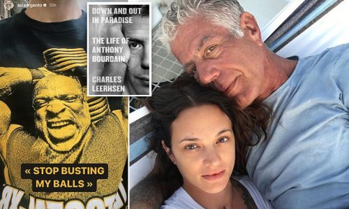 Asia Argento posts image of former bodybuilder with the words 'stop busting my balls' after book claims she texted those words to Anthony Bourdain right before his 2018 suicide