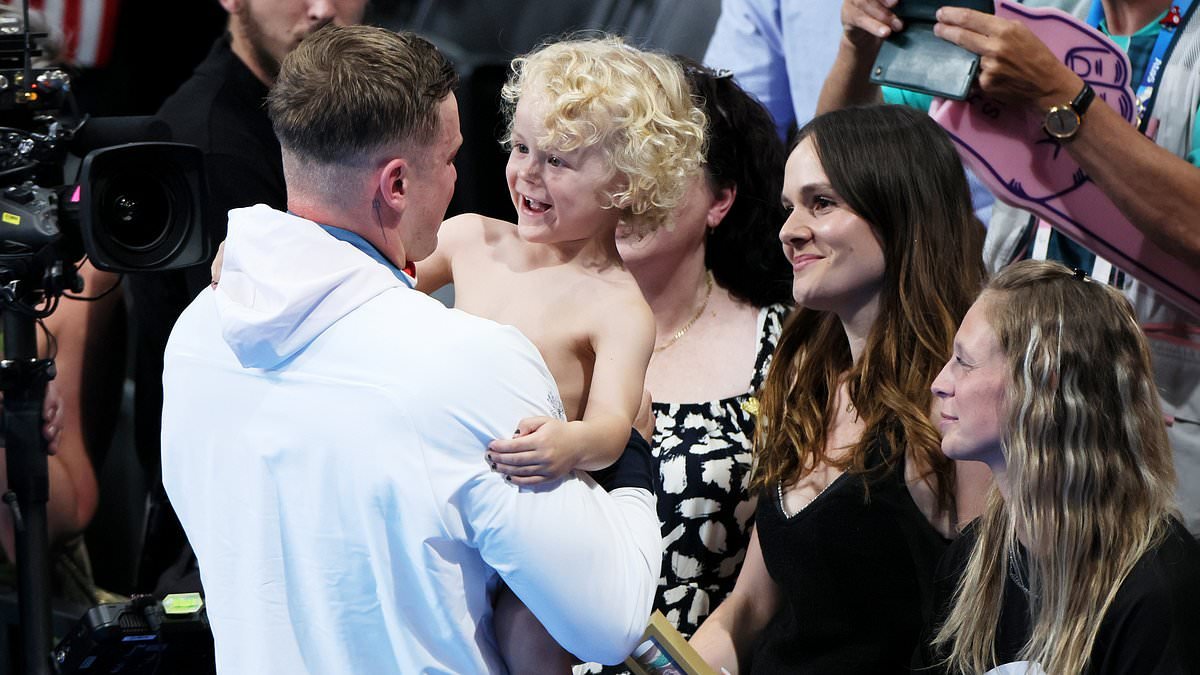 Emotional Adam Peaty hugs son George, 3, and partner Holly Ramsay as he is consoled by loved ones after Team GB star is denied historic third straight Olympic breaststroke title in Paris
