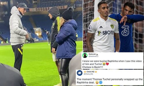 Jubilant Chelsea fans hail 'agent Tuchel' as footage resurfaces of the Blues boss greeting Raphinha after the 3-2 win over Leeds last season... with Brazil star set for a £60m move to Stamford Bridge after an 11th-hour bid